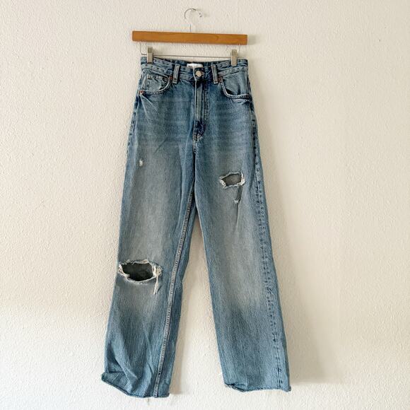 Zara Wide Leg Jeans Womens 2 distressed medium wash high rise zipper fly - Picture 1 of 6